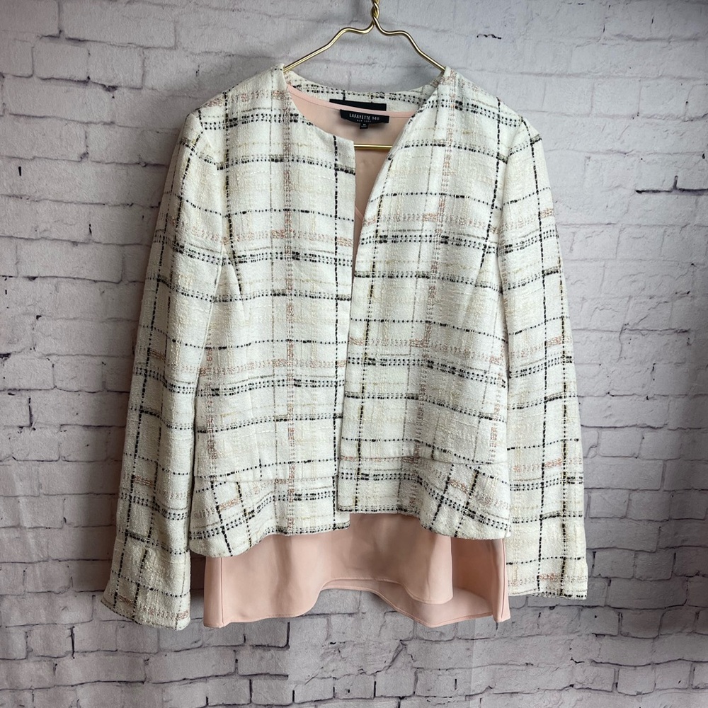 Lafayette 148 blazer and silk blouse size medium cream with pink and black